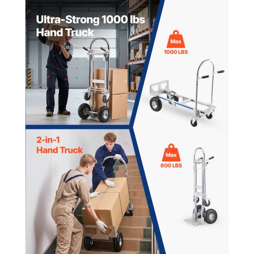 2 In 1 Hand Truck 1000 Lbs Load Capacity For 4Wheel Mode Convertible Dolly