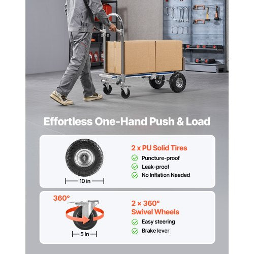 2 In 1 Hand Truck 1000 Lbs Load Capacity For 4Wheel Mode Convertible Dolly