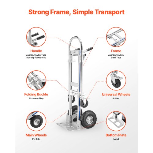 2 In 1 Hand Truck 1000 Lbs Load Capacity For 4Wheel Mode Convertible Dolly