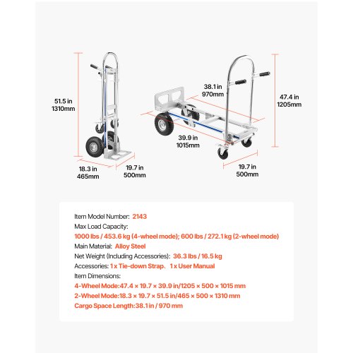 2 In 1 Hand Truck 1000 Lbs Load Capacity For 4Wheel Mode Convertible Dolly