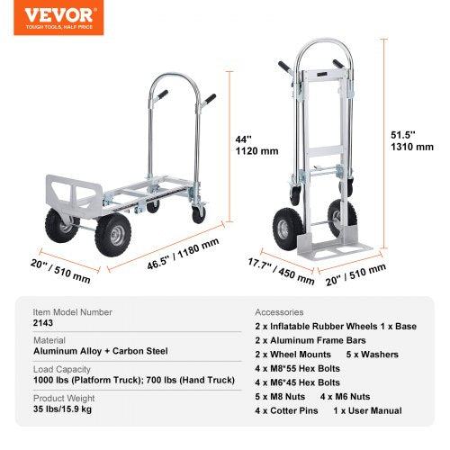 Aluminum Folding Hand Truck 2 in 1 Design 1000 lbs Capacity Heavy Duty