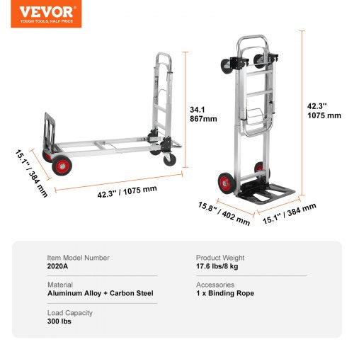 Aluminum Folding Hand Truck 2 in 1 Design 400 lbs Capacity Heavy Duty