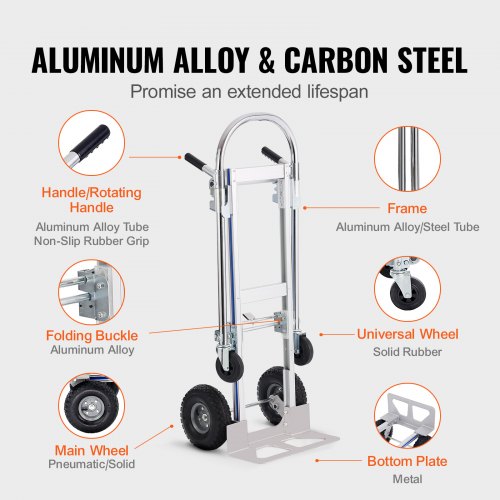 Aluminum Hand Truck 2 in 1 800 lbs Load Capacity Heavy Duty Industrial