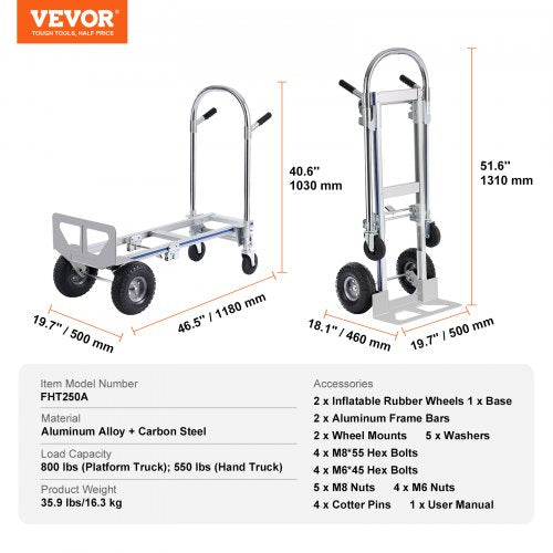 Aluminum Hand Truck 2 in 1 800 lbs Load Capacity Heavy Duty Industrial