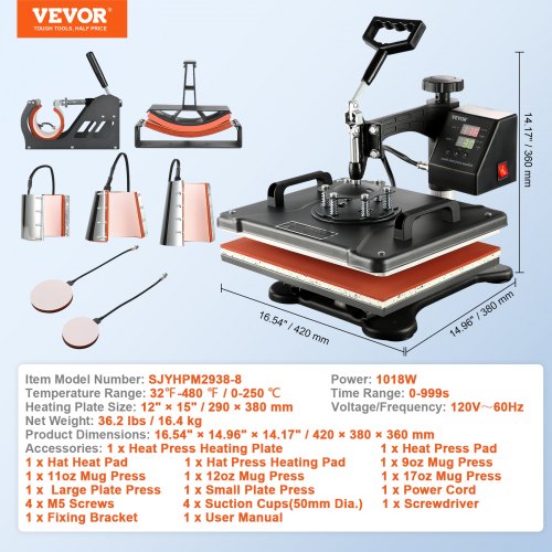 8 in 1 Heat Press Machine 12x15 Digital Transfer Tshirts Mug Hat Plate