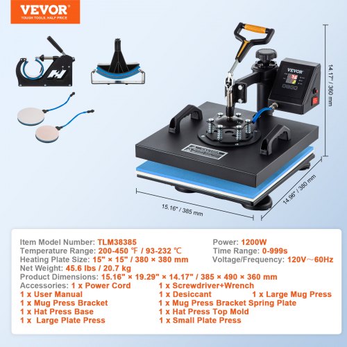 Heat Press 5 in 1 15 x 15 Inch Heat Press Machine Dual LED Display Heat