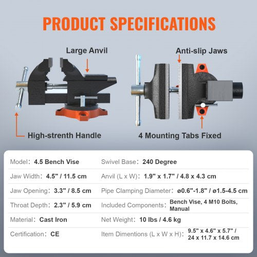 45 Bench Vise w Anvil 240°Swivel Base Heavy Duty Multipurpose Vise – 10 L