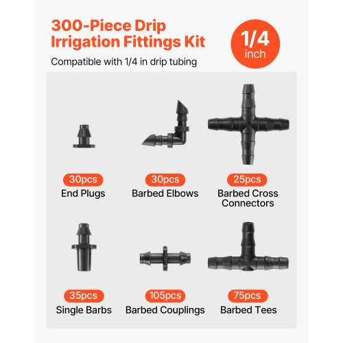 Drip Irrigation Fittings Kit For 1/4 Tubing 300 Pcs System Parts Tees Straight