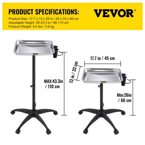 Mayo Stand Medical Tray Height Adjustable Stainless Steel Salon Tray Easy