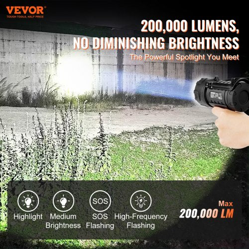 Rechargeable Spotlight Flashlight 200000 Lumens IP67 Waterproof Handheld