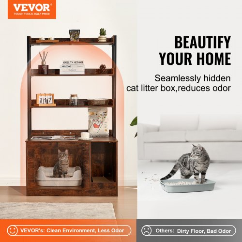 Cat Litter Box Enclosure Wooden Litter Box Furniture Hidden with 3 Shelves –