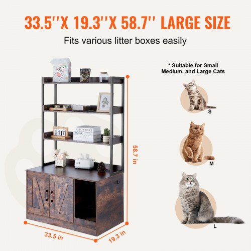 Cat Litter Box Enclosure Wooden Litter Box Furniture Hidden with 3 Shelves –