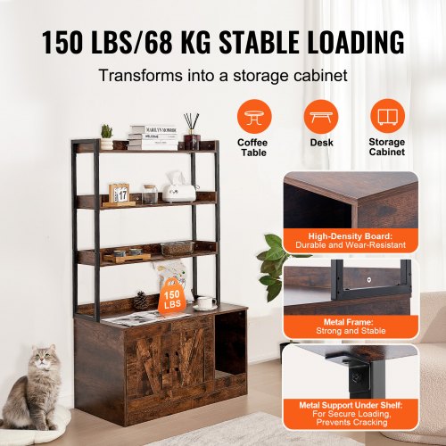 Cat Litter Box Enclosure Wooden Litter Box Furniture Hidden with 3 Shelves –