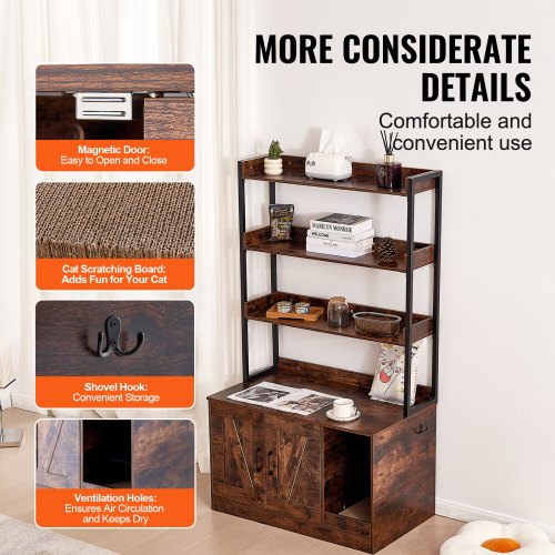 Cat Litter Box Enclosure Wooden Litter Box Furniture Hidden with 3 Shelves –