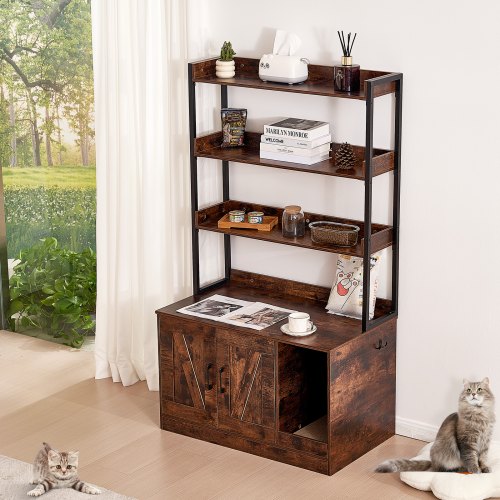 Cat Litter Box Enclosure Wooden Litter Box Furniture Hidden with 3 Shelves –