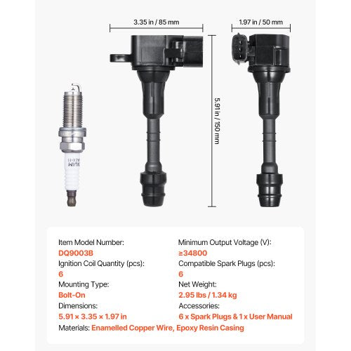 Ignition Coil Pack and Spark Plugs Set of 6 Compatible with Nissan Maxima