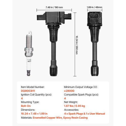 Ignition Coil Pack and Spark Plugs Set of 4 Compatible with Nissan Altima