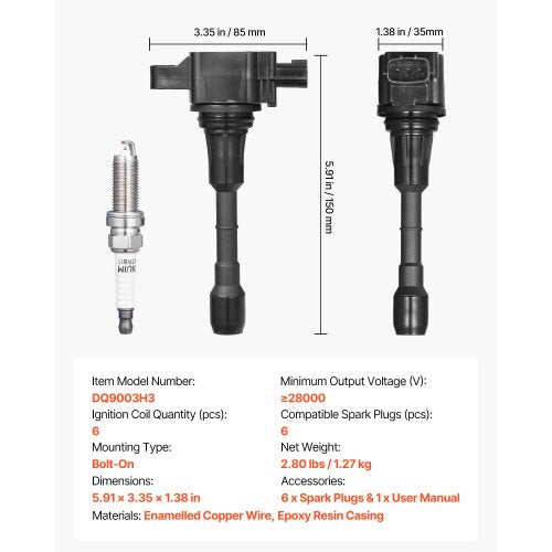 Ignition Coil Pack and Spark Plugs Set of 6 Compatible with Nissan Murano