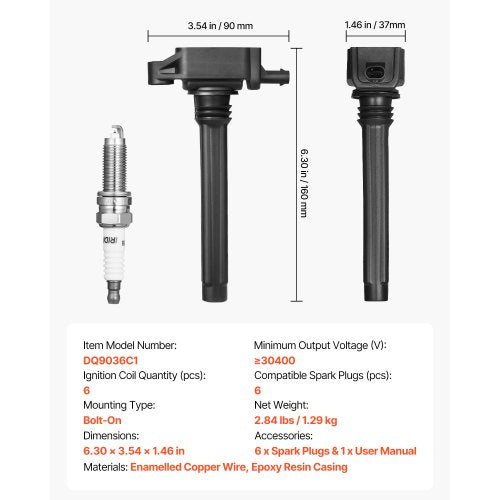 Ignition Coil Pack and Spark Plugs Set of 6 Compatible with Dodge Grand