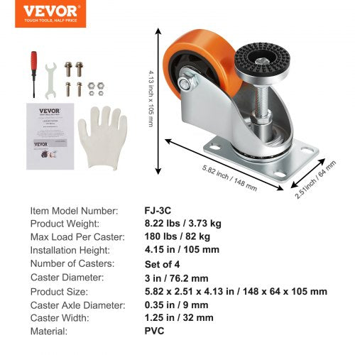 Leveling Casters Set of 4 720 lbs Total Load Capacity 3 inches Diameter