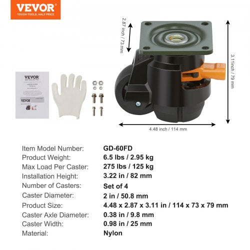 Leveling Casters 4Pack Heavy Duty 360° Swivel Caster Wheels Hold up to 1100 lbs