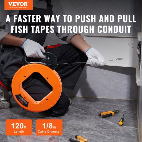 Fish Tape 120foot 18inch Steel Wire Puller with Optimized Housing and Handle