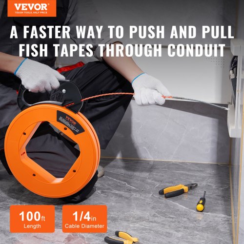 Fish Tape Wire Cable Line Puller 100 ft 14 in PET with High Plastic Case