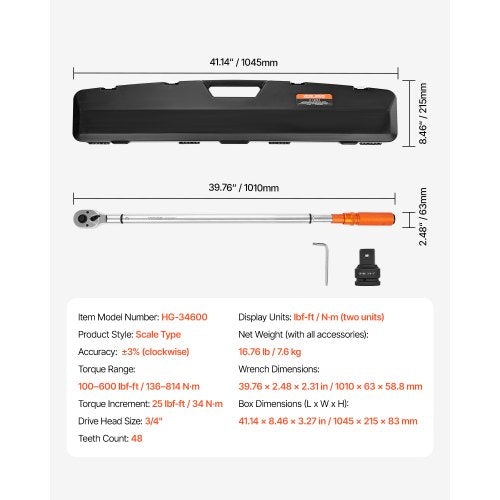 Click Torque Wrench 34 Inch Drive 100600 Lbfft 136814Nm Dualdirection Set With