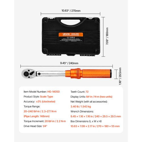 Click Torque Wrench Set 14Inch Drive 20240 lbfin 23271Nm