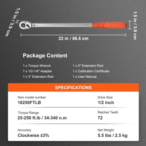 Torque Wrench 12inch Drive Click Torque Wrench 20250ftlb34340nm