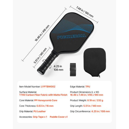 Pickleball Paddle T700 Carbon Fiber Surface Honeycomb Core Professional
