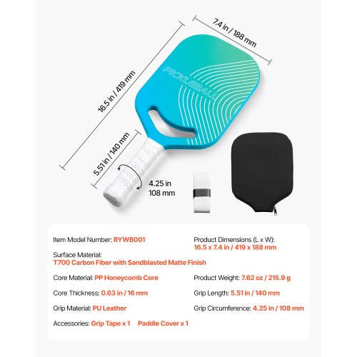 Pickleball Paddle with Aero Throat T700 Carbon Fiber Surface Honeycomb