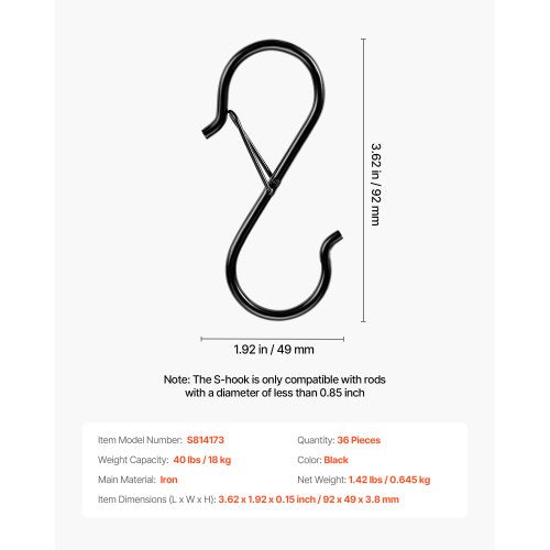 S Hooks 36 Pack 3968 Lbs Capacity For Bars Up To 085 Inch Shaped With Safety