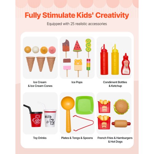 Ice Cream Cart for Kids 20 PCS Accessories Pretend Play Ice Cream Shop