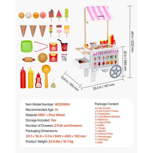 Ice Cream Cart for Kids 20 PCS Accessories Pretend Play Ice Cream Shop