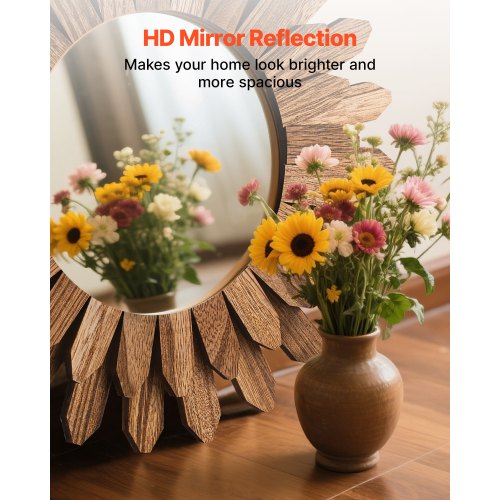Wall Mirror Decorative 12Inch Rustic Wood Decor Boho Sunburst Aesthetic