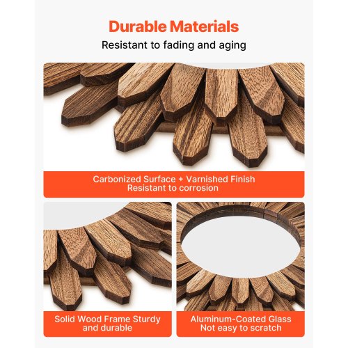 Wall Mirror Decorative 12Inch Rustic Wood Decor Boho Sunburst Aesthetic