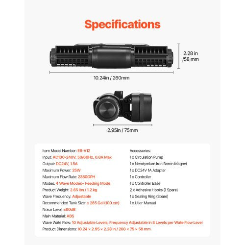 Aquarium Wave Maker 25W 2380 GPH Adjustable Cross Flow Pump with Controller