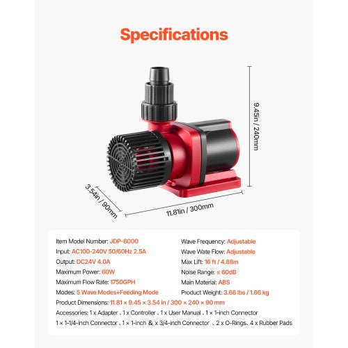 Aquarium 24V DC Water Pump 60W 1750 GPH Marine Wavemaker Return Pump