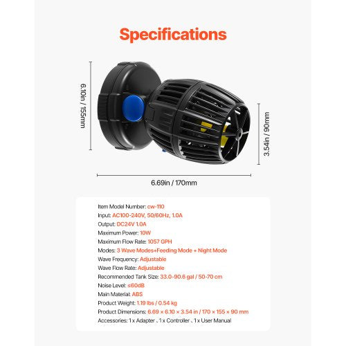 Aquarium Wave Maker 10W 1057 GPH Quiet and Strong DC Powerhead Adjustable