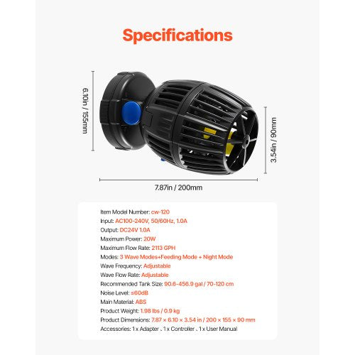 Aquarium Wave Maker 20W 2113 GPH Quiet and Strong DC Powerhead Adjustable