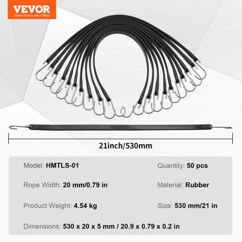 50 Pcs Flat Bungee Cord Set 19.8 mm Heavy Duty Bungee Straps with SHook
