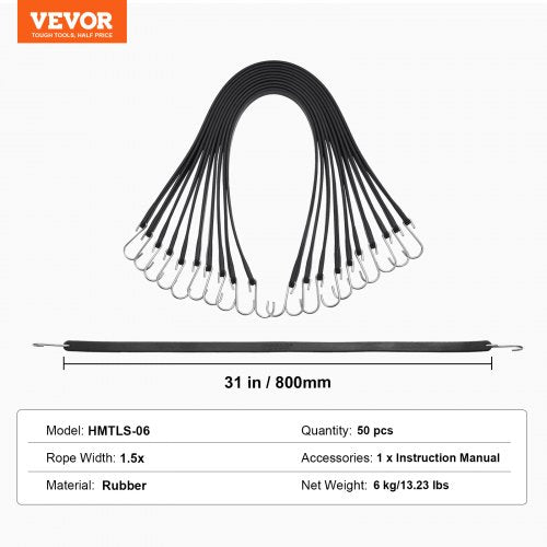 50 Piece Flat Bungee Cord 19.8 mm Heavy Duty Bungee Straps with Steel