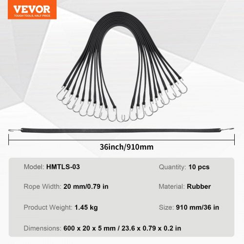 10 Piece Flat Bungee Cord 20 mm Heavy Duty Bungee Straps with Steel