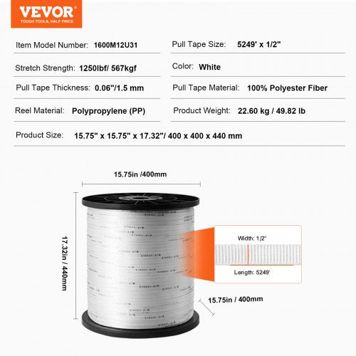 Polyester Pull Tape 12 X 5249 Mule Flat Rope 1250 Lbf Tensile Capacity Printed