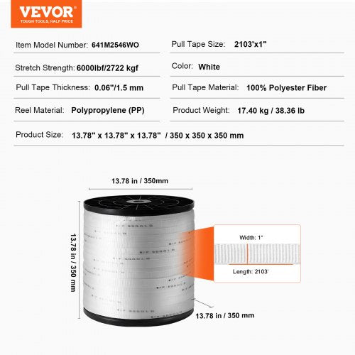 Polyester Pull Tape 1 X 2103 Mule Flat Rope 6000 Lbf Tensile Capacity Printed