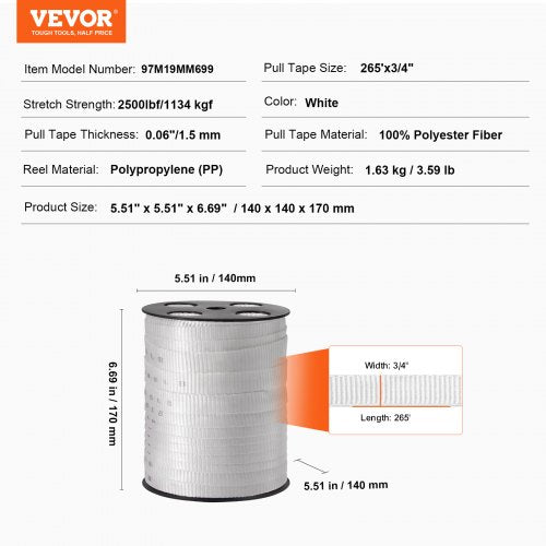 Polyester Pull Tape 34 x 265 Mule Tape Flat Rope 2500 lbf Tensile