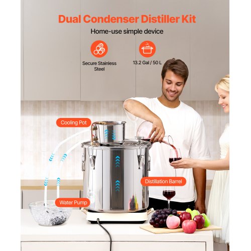 Alcohol Still 13.2 Gal 50 L Stainless Steel Water Alcohol Distiller with Copper