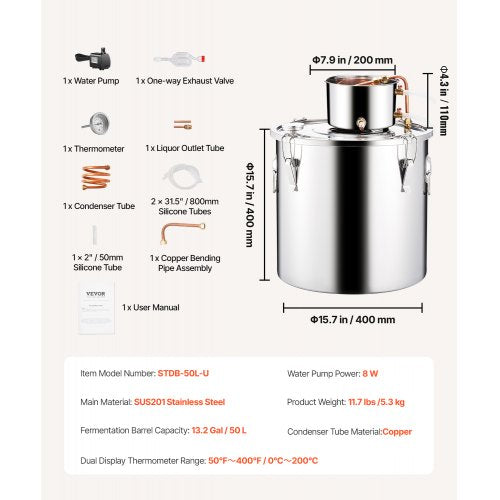 Alcohol Still 13.2 Gal 50 L Stainless Steel Water Alcohol Distiller with Copper