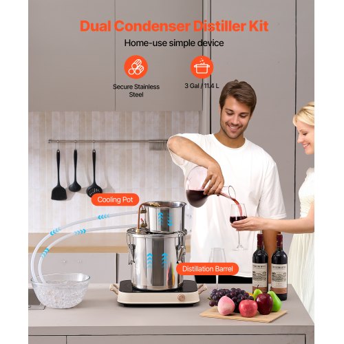 Alcohol Still 3 Gal 11.4 L Stainless Steel Water Alcohol Distiller with Copper